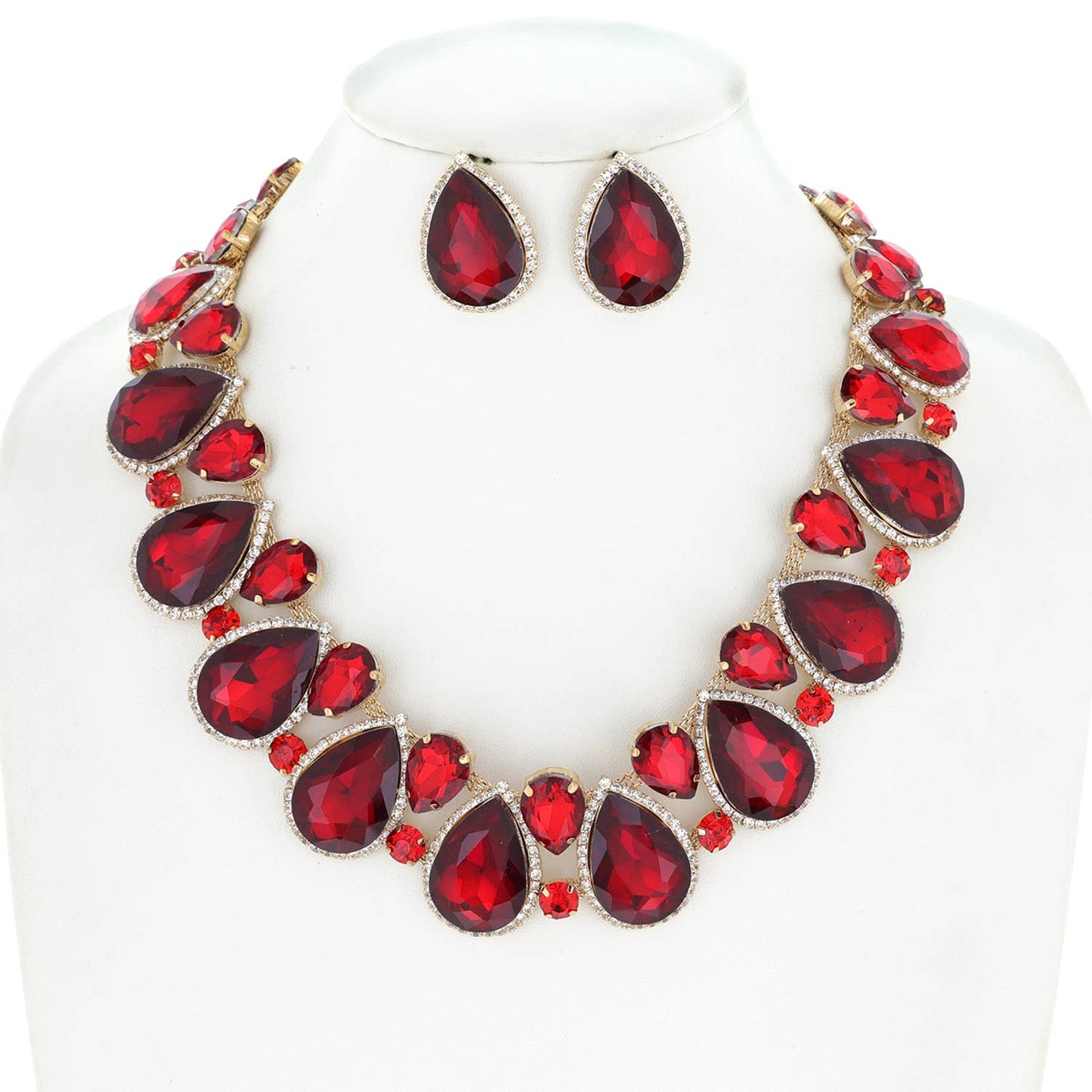 Rhinestone Teardrop Halo Cluster Necklace Set