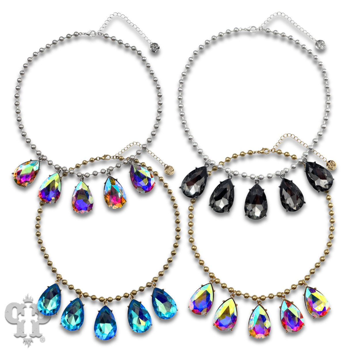 Ball chain necklace with large rhinestone teardrop charms