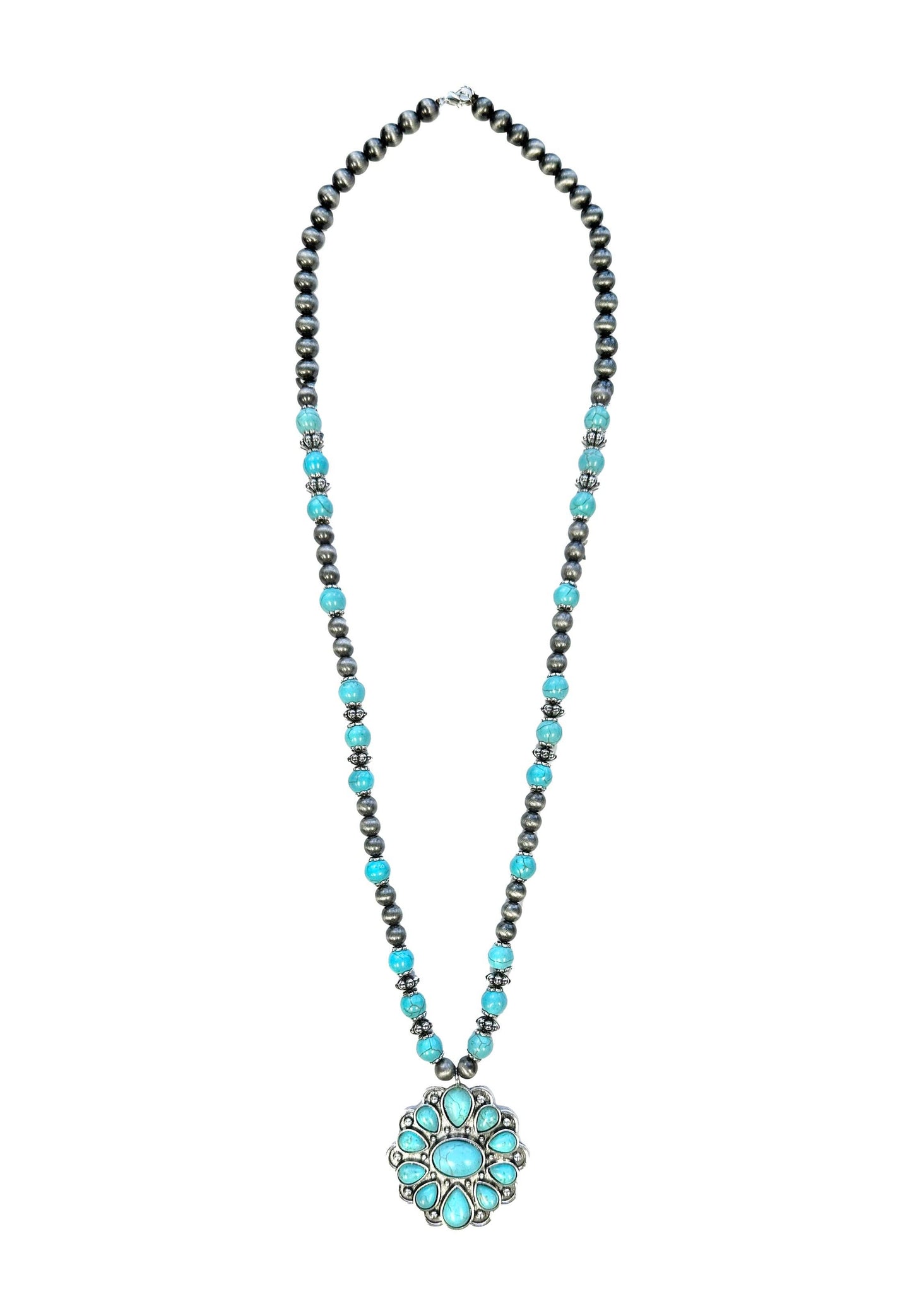 Silver and Turquoise Navajo Pearl Round Concho Pendant Necklace