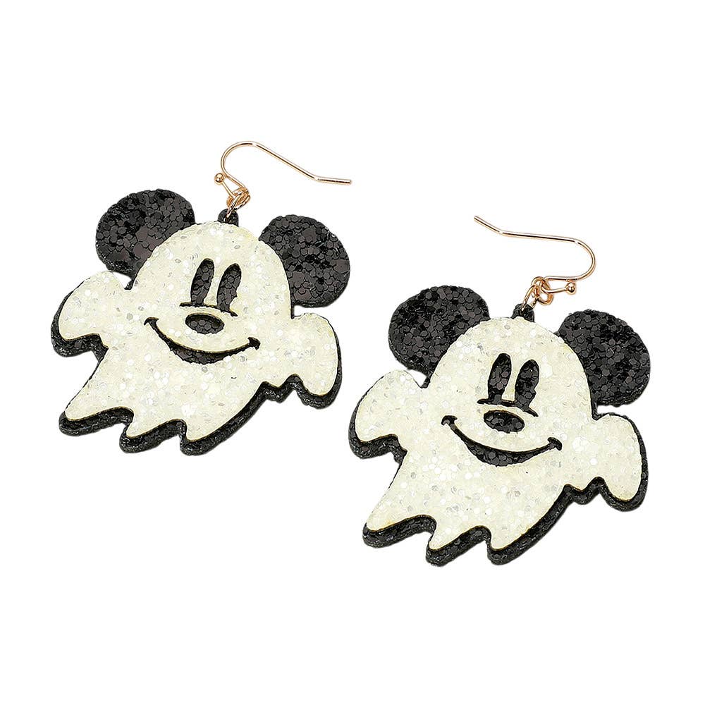 Glittered Halloween Cute Mouse Character Ghost Dangle Earrings