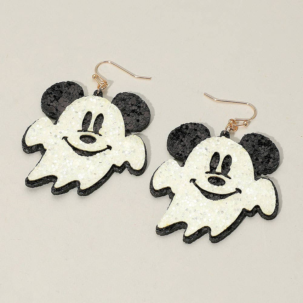 Glittered Halloween Cute Mouse Character Ghost Dangle Earrings