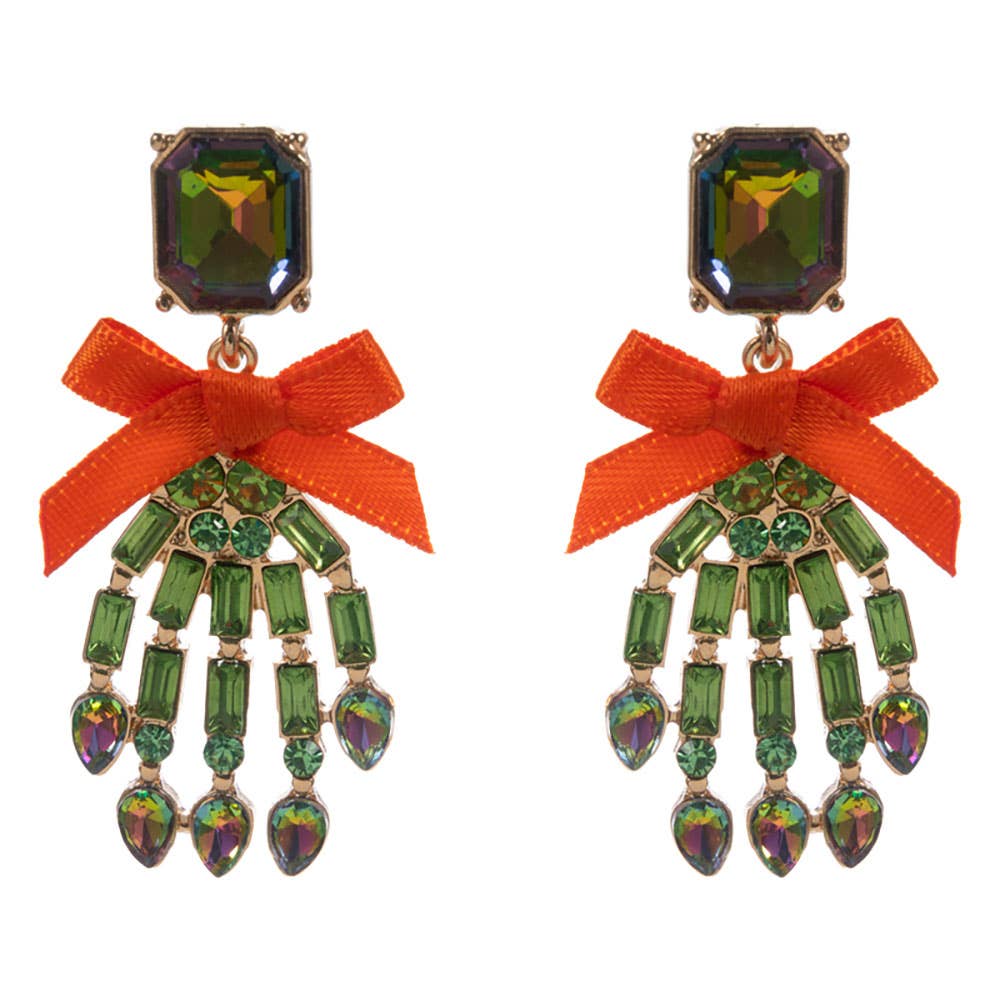 Bow Accent Glass Stone Skeleton Hand Dangle Earrings