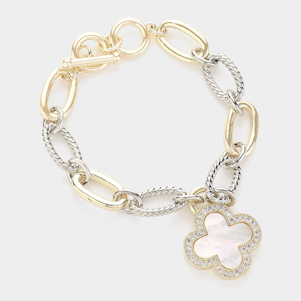 14K Gold Plated CZ Stone Paved Quatrefoil Charm Bracelet