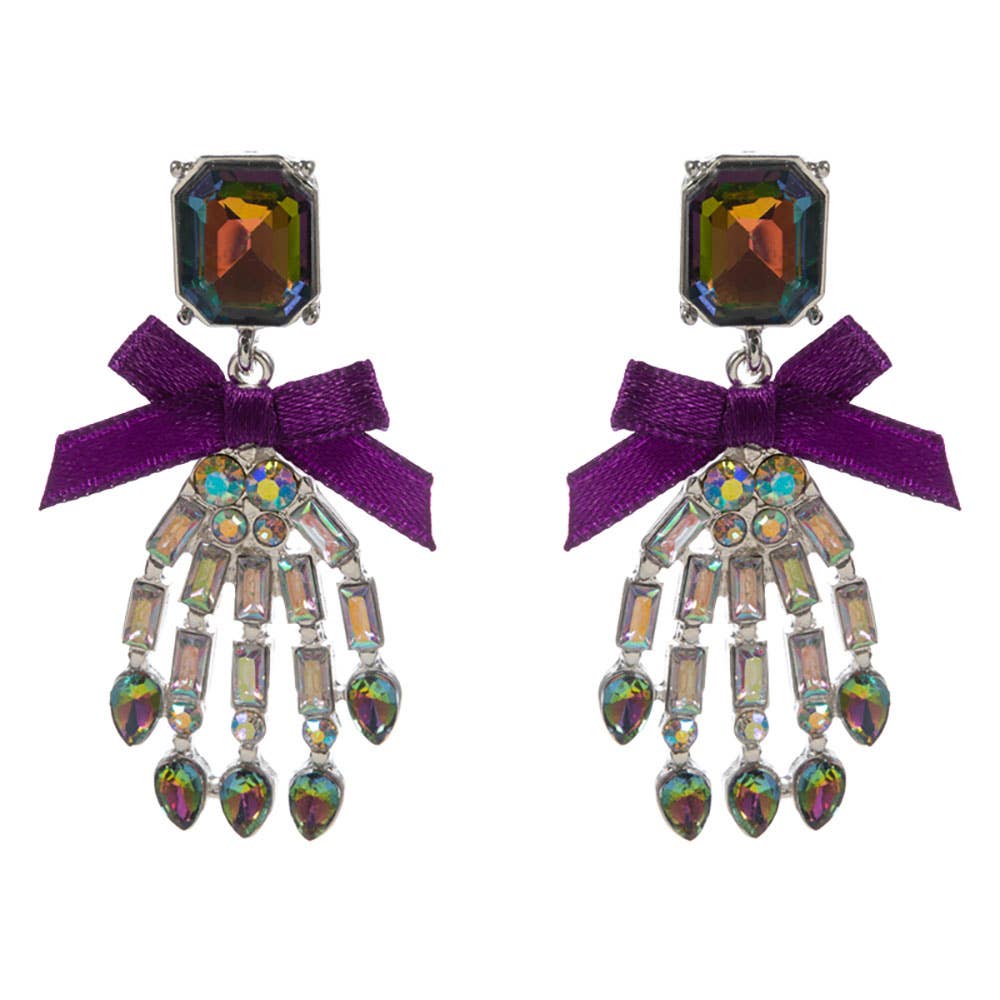 Bow Accent Glass Stone Skeleton Hand Dangle Earrings