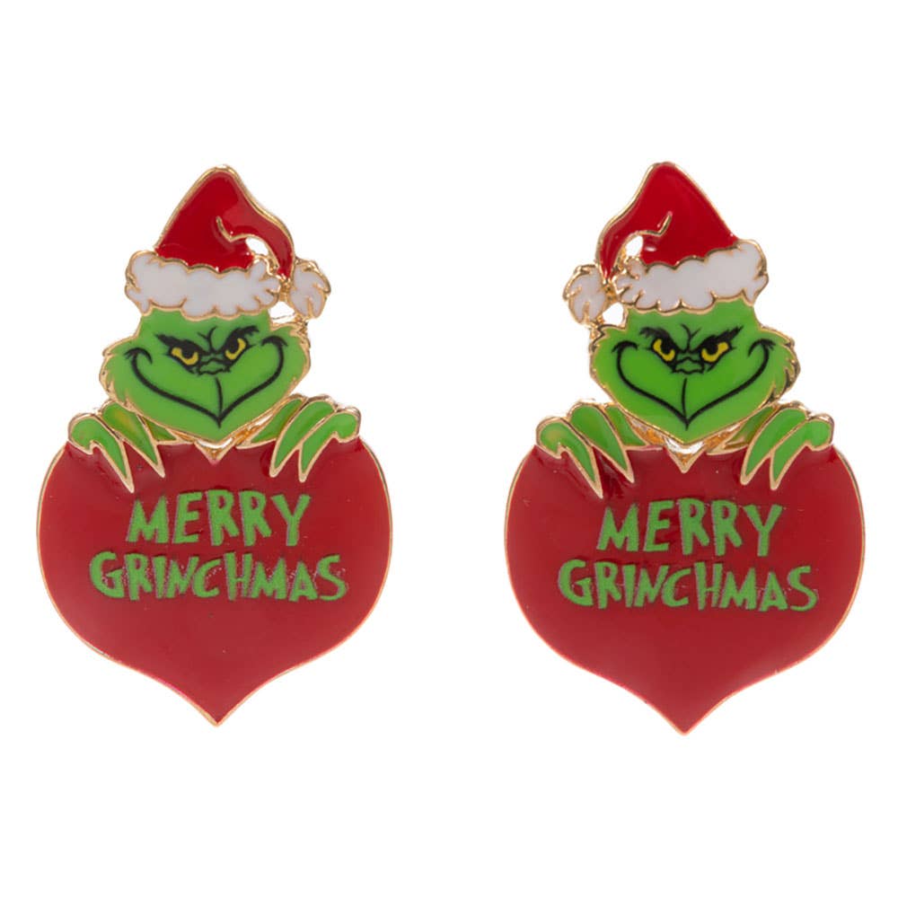 MERRY CHRISTMAS Heart Grinch Green Monster Earrings