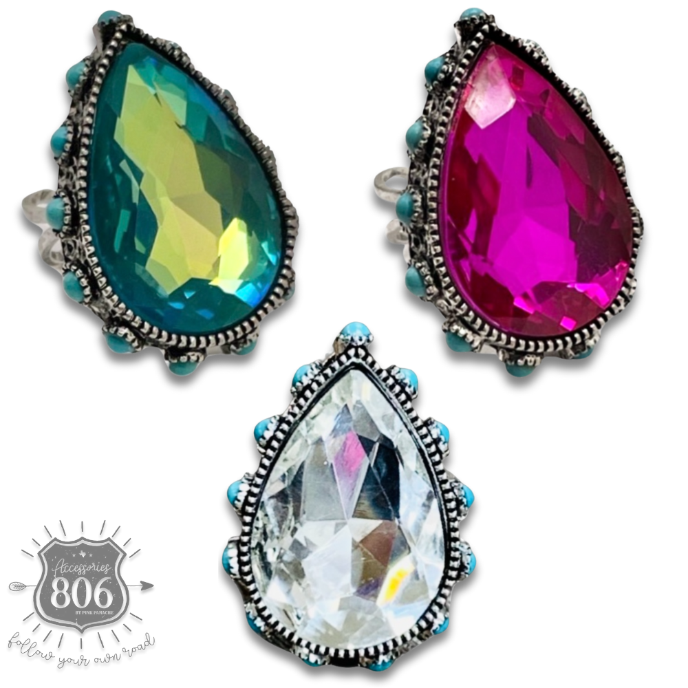 Rhinestone, bead studded teardrop ring - LC