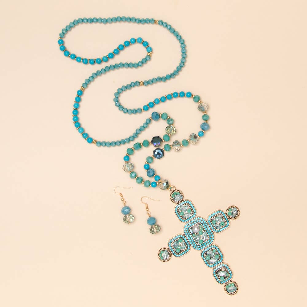 Crystal Cross Beaded Pendant Necklace & Earring Set