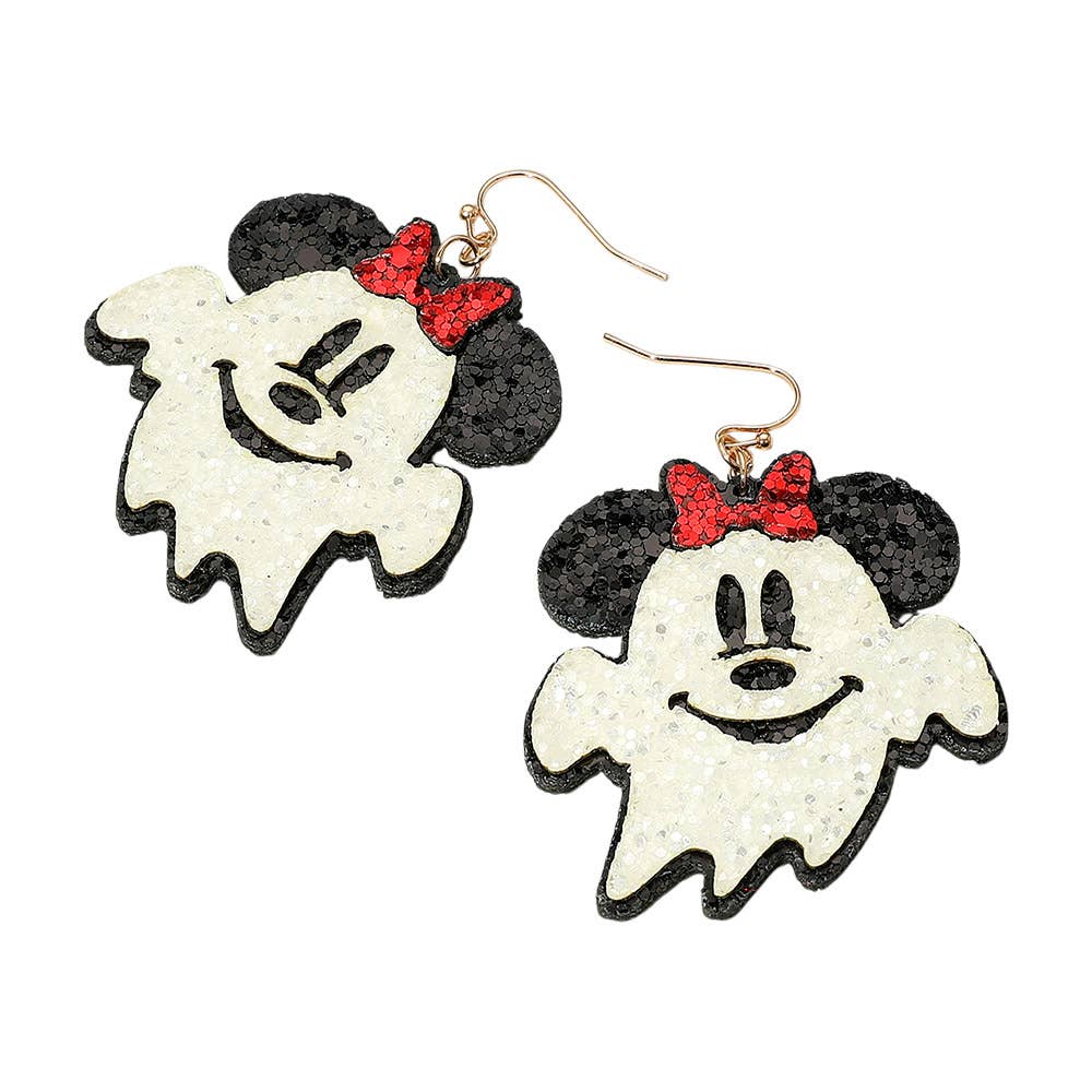 Glittered Halloween Cute Mouse Character Ghost Dangle Earrings