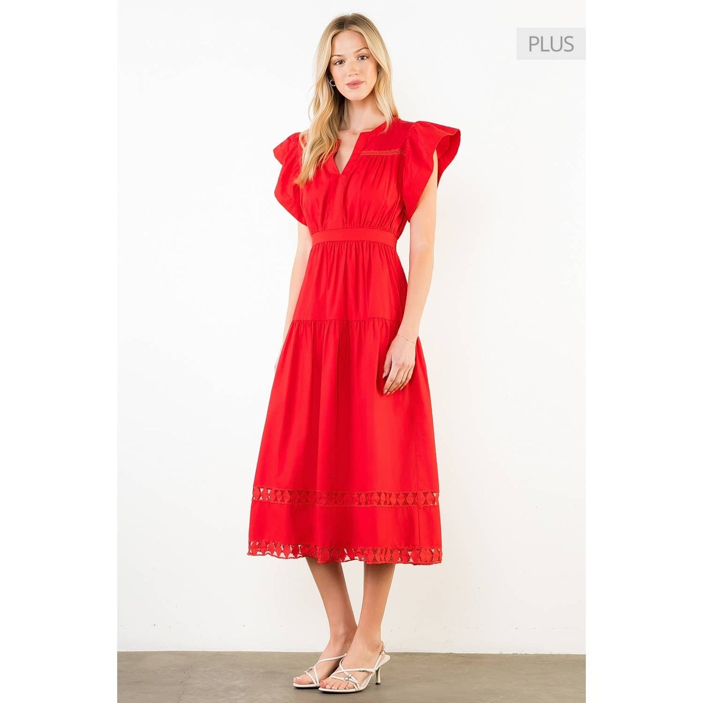 /Size XL/ Ruffled Sleeves V-Neck Tiered Midi Dress