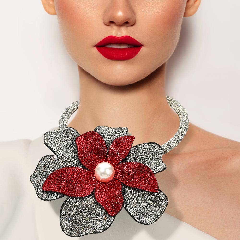 Pearl Centered Bling Studded Oversized Flower Pointed Necklace