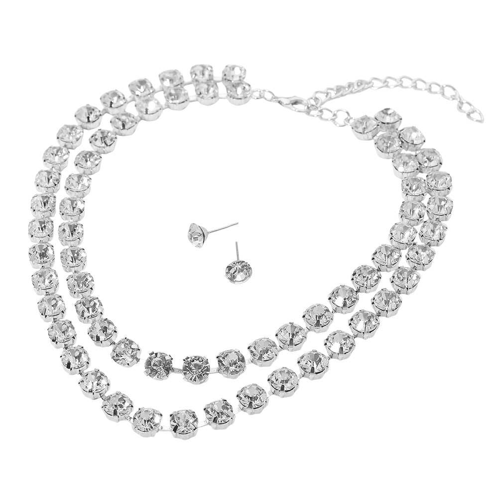 Double Row Round Stone Cluster Link Layered Necklace