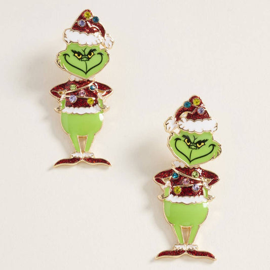 Sparkly Holiday Grinch Green Monster Earrings