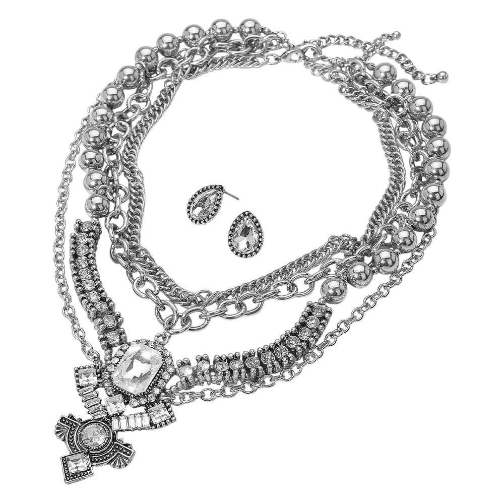 2PCS - Bold Antique Metal Cross Multi Layered Crystal Statement Necklace