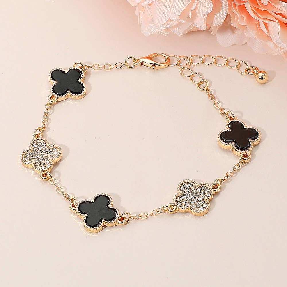 Gold Dipped Quatrefoil Charm Link Station Bracelet