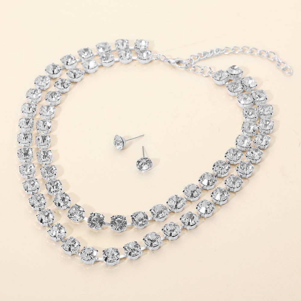 Double Row Round Stone Cluster Link Layered Necklace