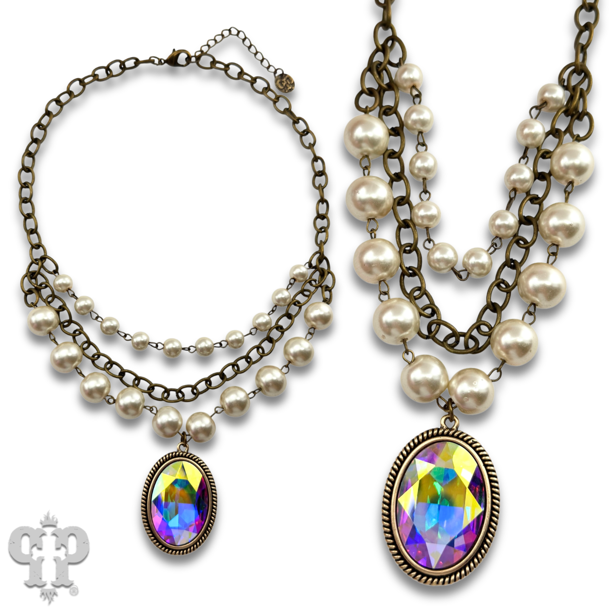 Oval rhinestone pendant with layered look pearl bead necklace