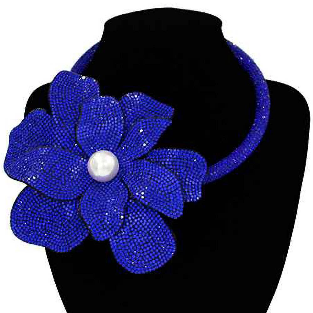 Pearl Centered Bling Studded Oversized Flower Pointed Necklace