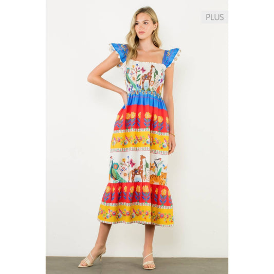 /Size XL/ Smocked Flutter Sleeve Animal Print Maxi Dress