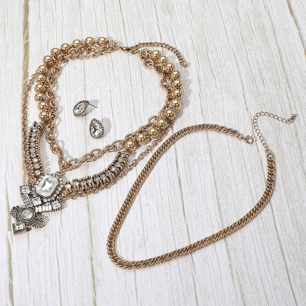 2PCS - Bold Antique Metal Cross Multi Layered Crystal Statement Necklace