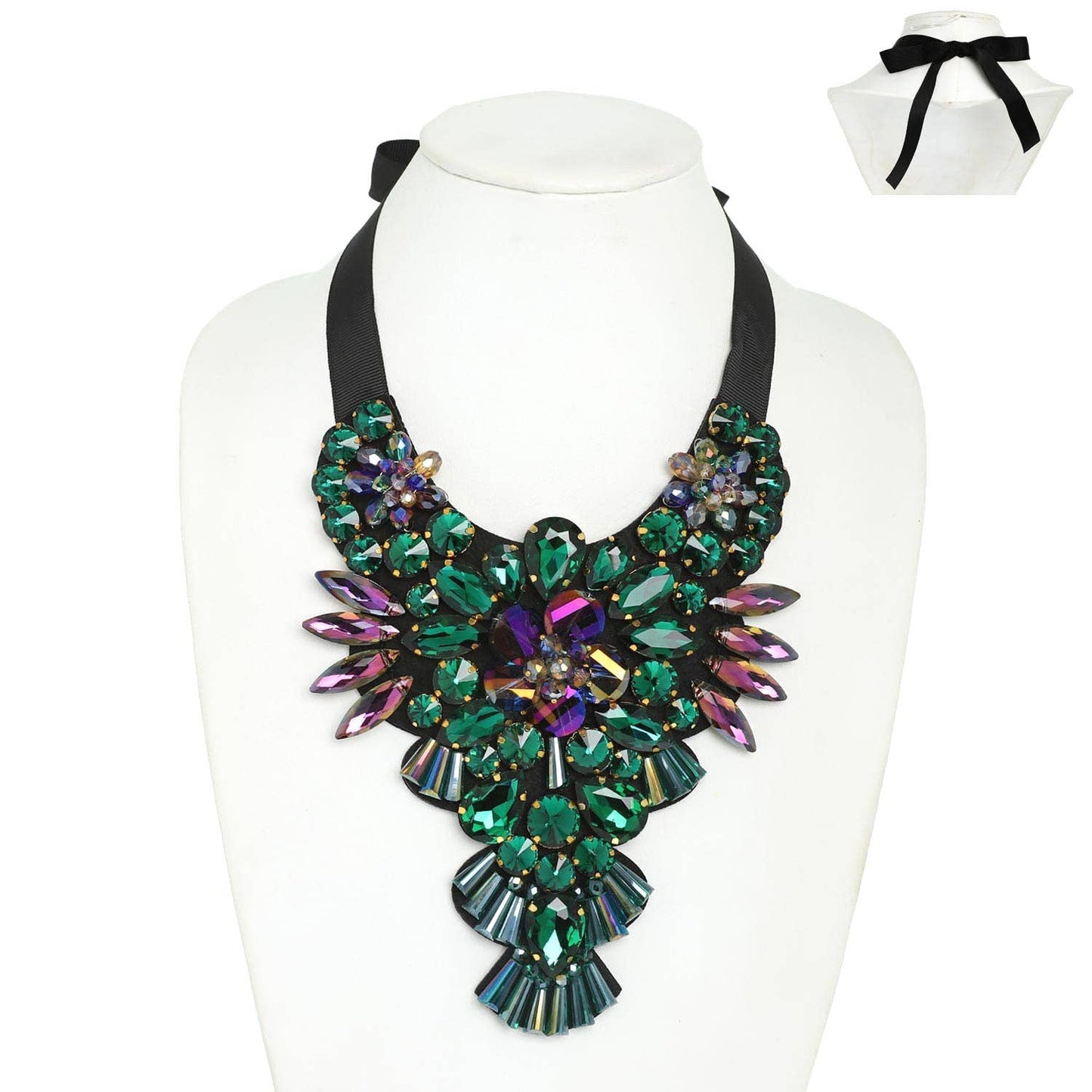 Floral Crystal Gemstone Ribbon Bib Necklace