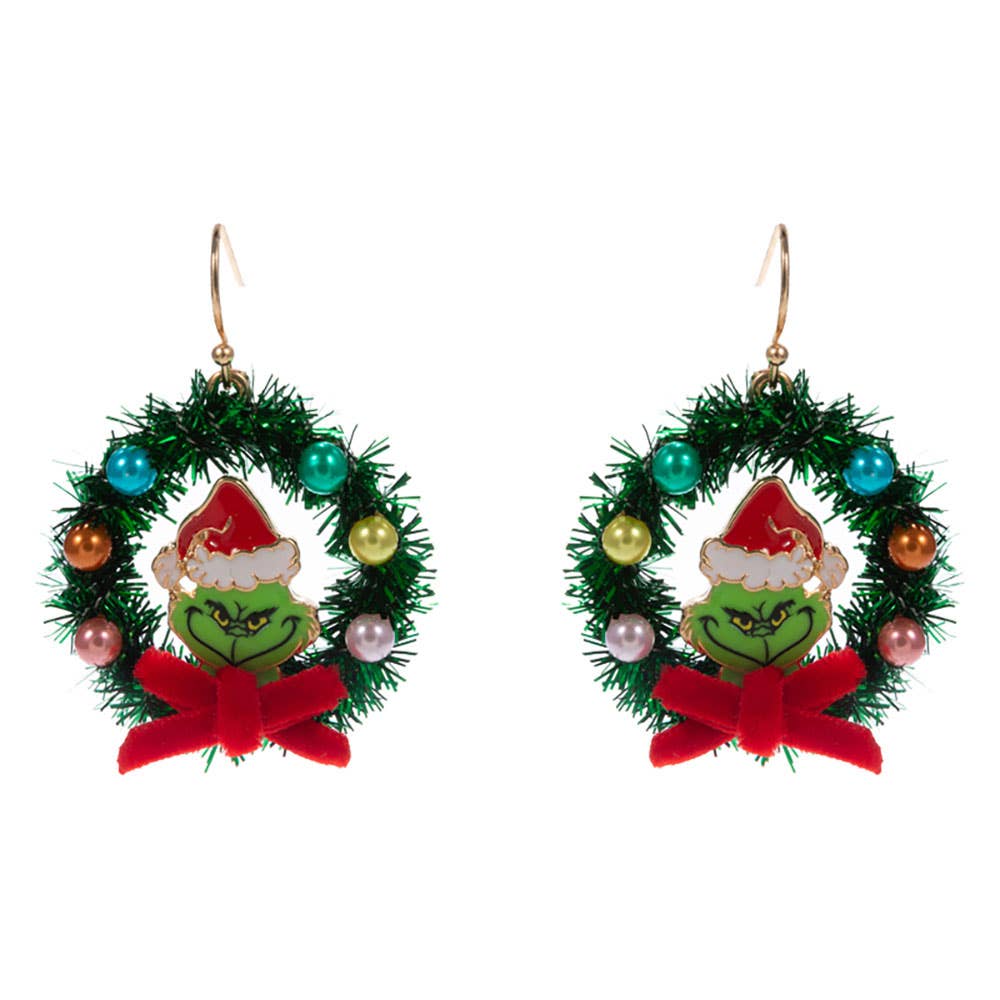 Holiday Grinch Green Monster Wreath Dangle Earrings