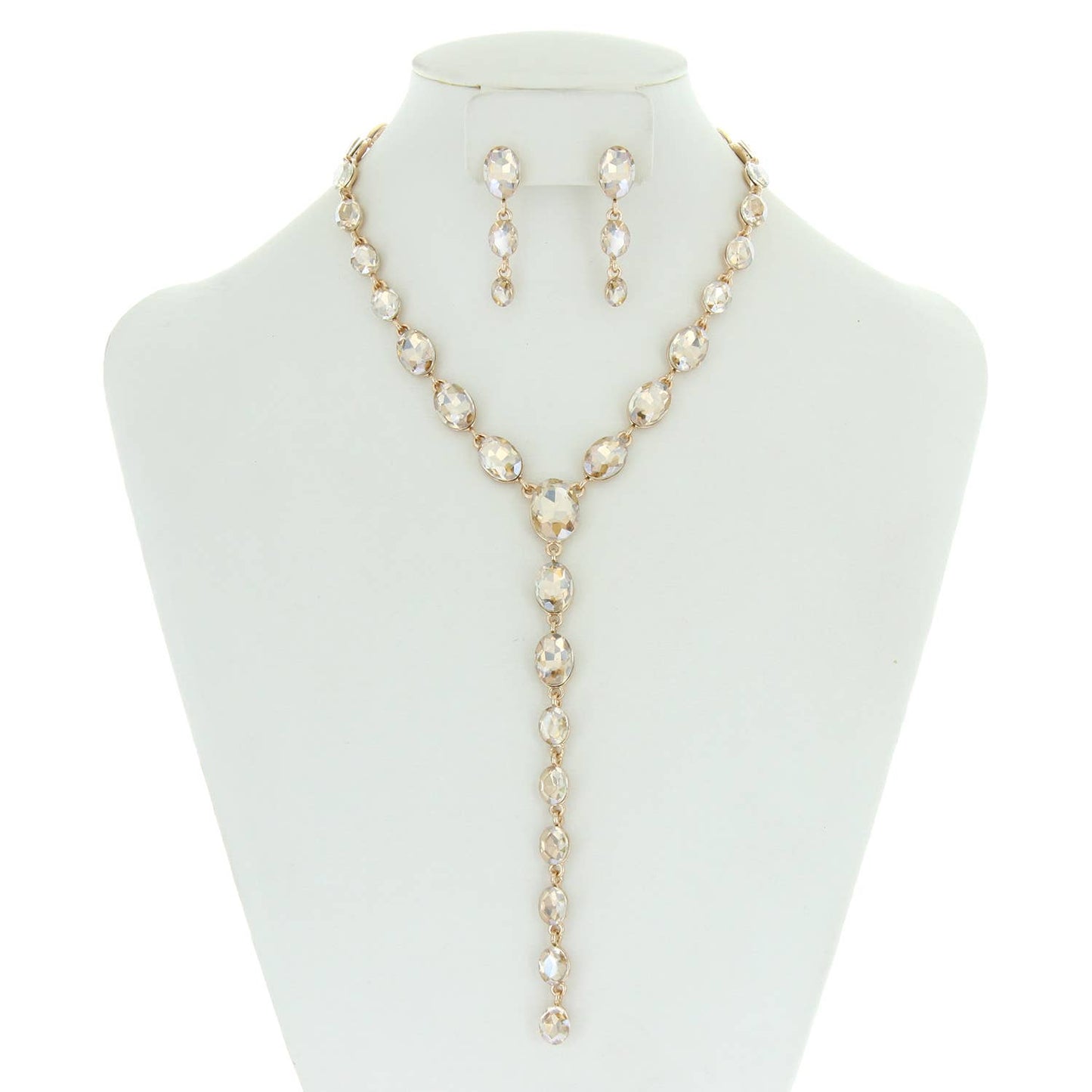 Oval Cut Crystal Lariat Necklace Earring Set