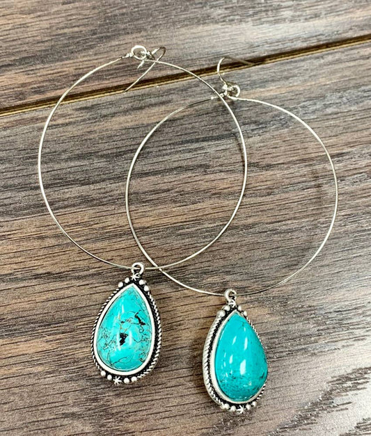722158, Drop Turquoise Hoop Earrings