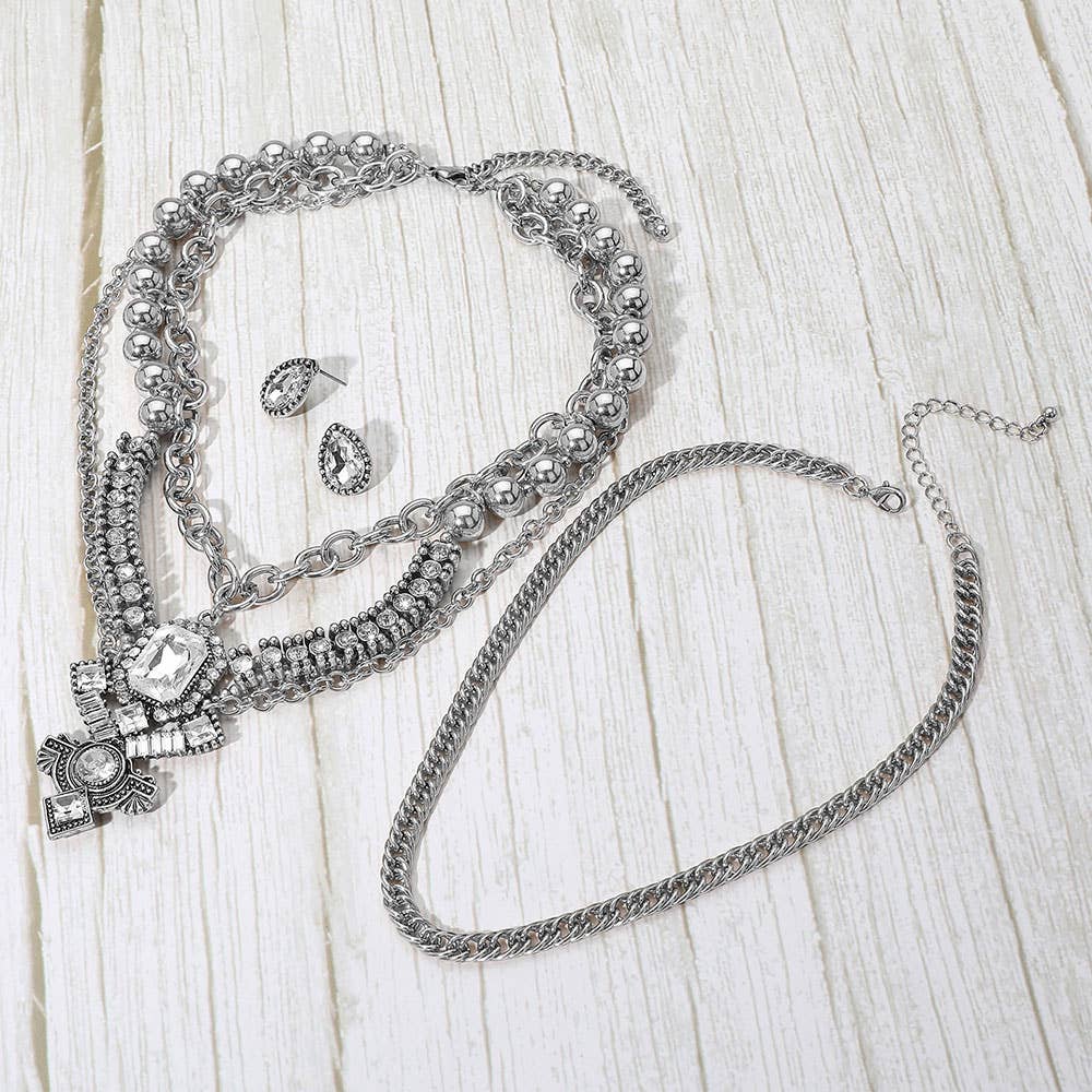 2PCS - Bold Antique Metal Cross Multi Layered Crystal Statement Necklace