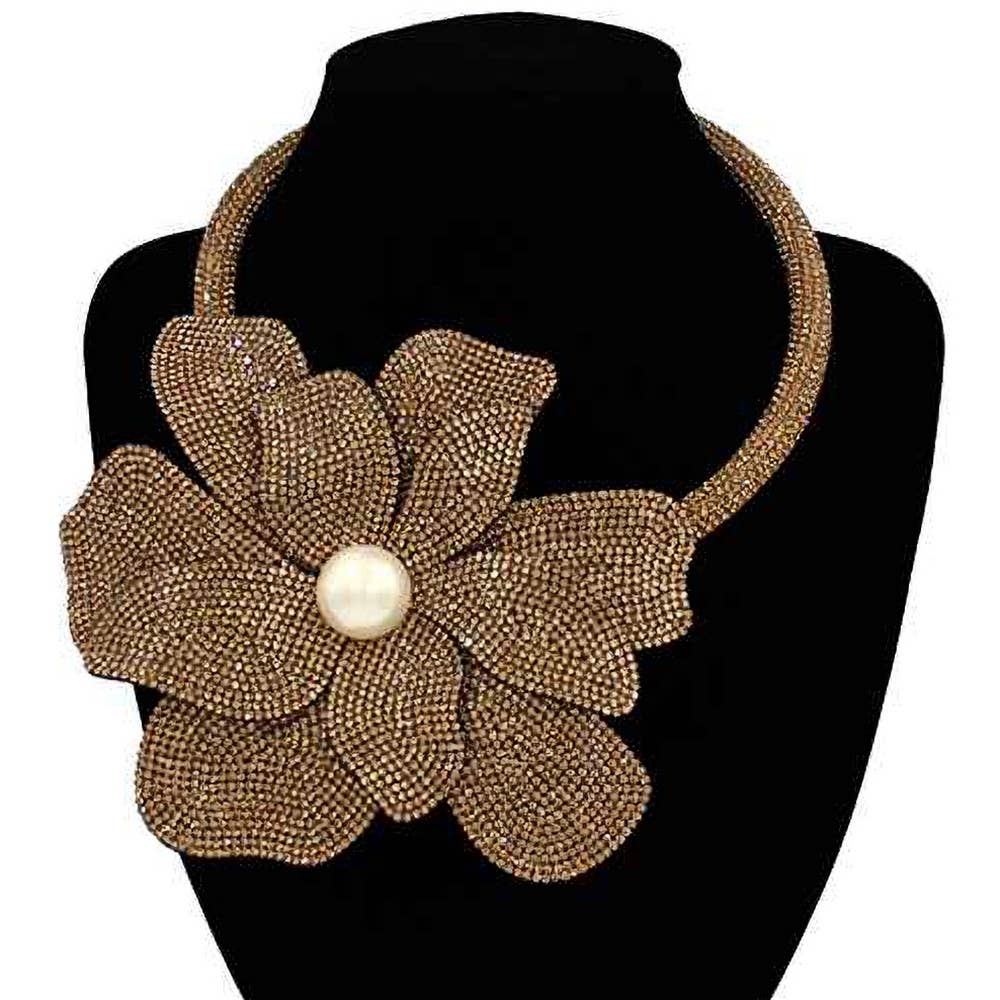 Pearl Centered Bling Studded Oversized Flower Pointed Necklace