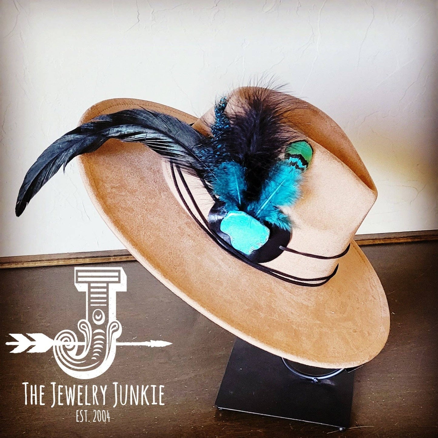 Marabou Blue Spotted Feather & Turq Slab Hat Band + Hat
