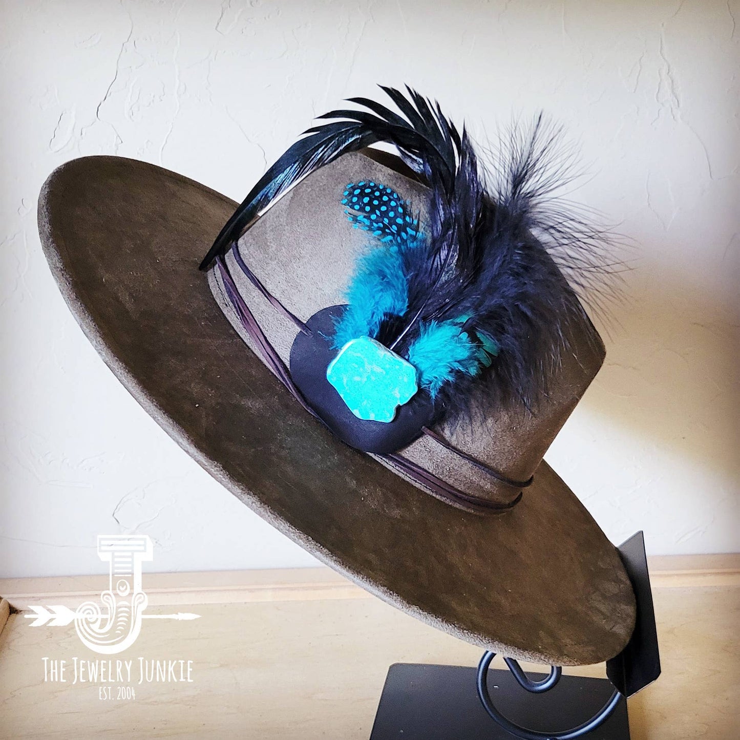 Marabou Blue Spotted Feather & Turq Slab Hat Band + Hat