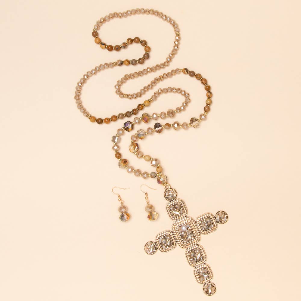 Crystal Cross Beaded Pendant Necklace & Earring Set
