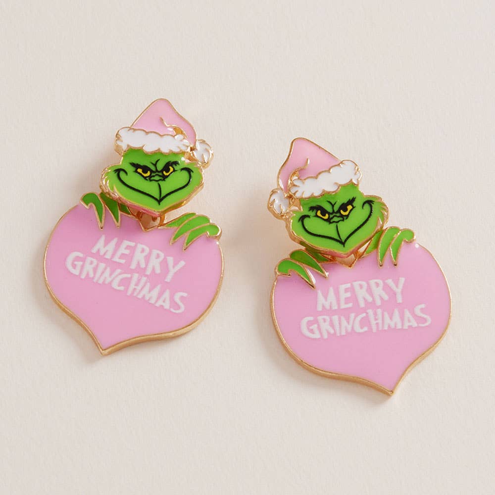 MERRY CHRISTMAS Heart Grinch Green Monster Earrings