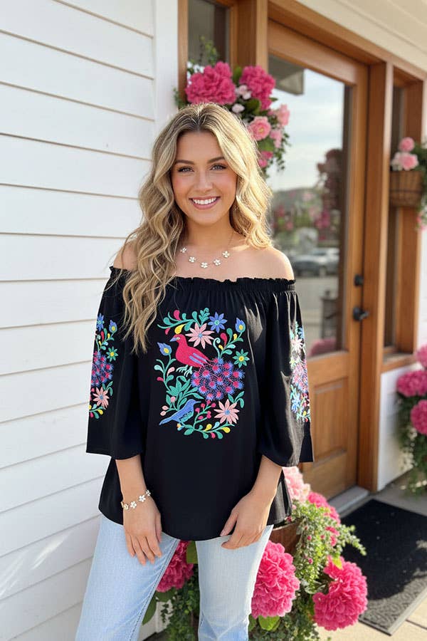 Flower & bird embroidery black rayon women top XCH16731