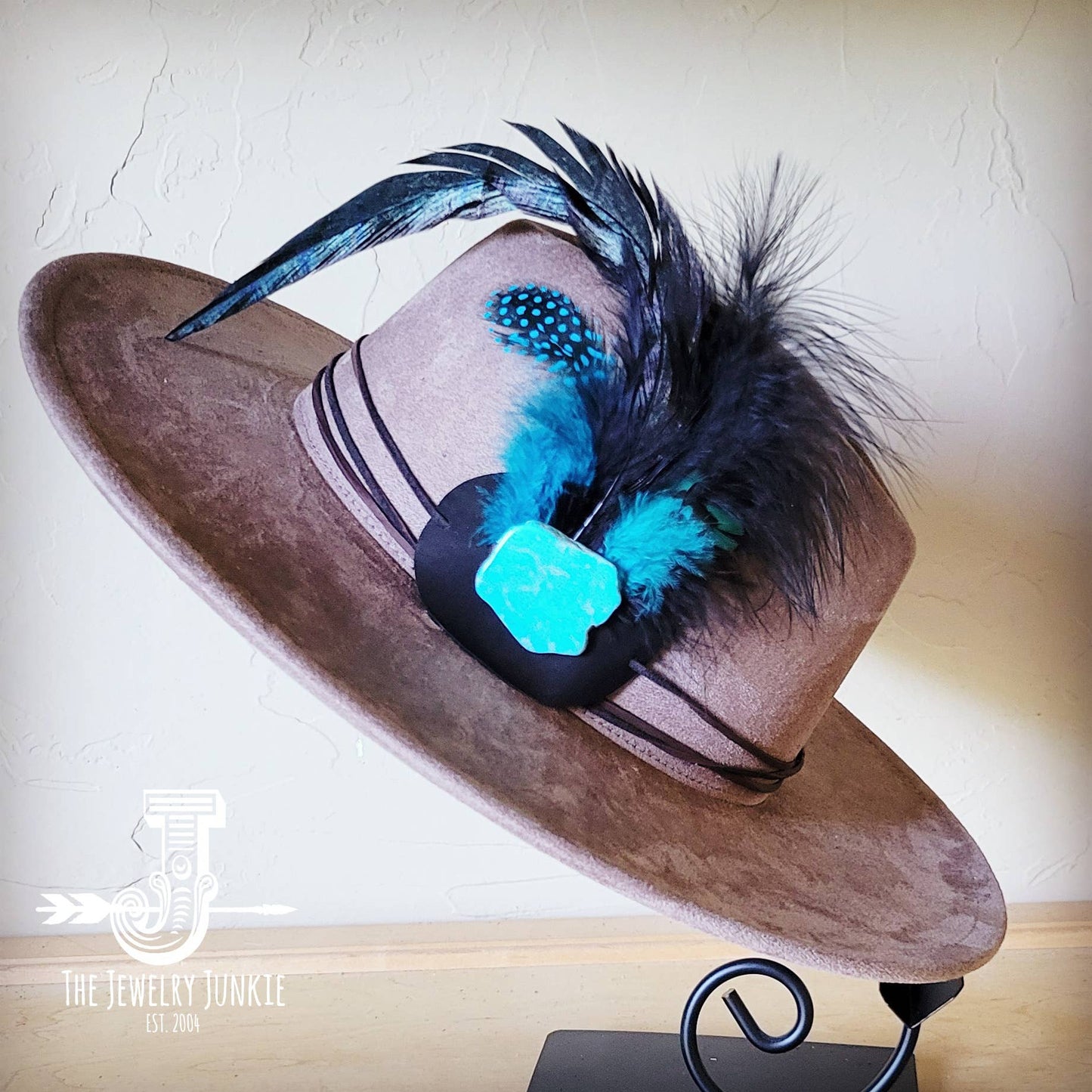 Marabou Blue Spotted Feather & Turq Slab Hat Band + Hat