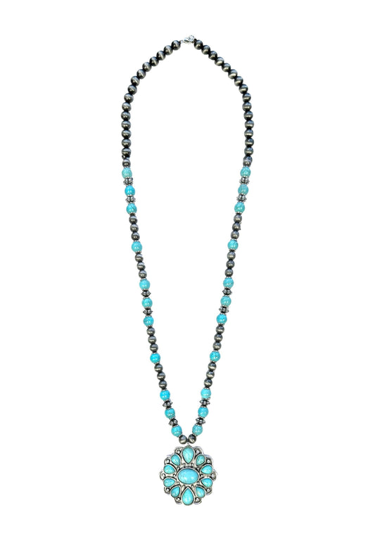 Silver and Turquoise Navajo Pearl Round Concho Pendant Necklace