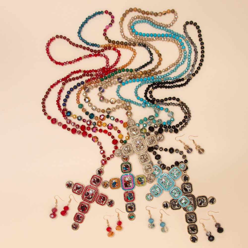 Crystal Cross Beaded Pendant Necklace & Earring Set