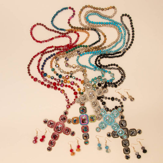 Crystal Cross Beaded Pendant Necklace & Earring Set
