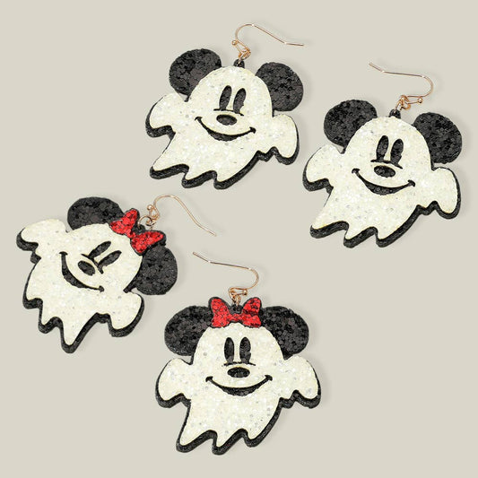 Glittered Halloween Cute Mouse Character Ghost Dangle Earrings