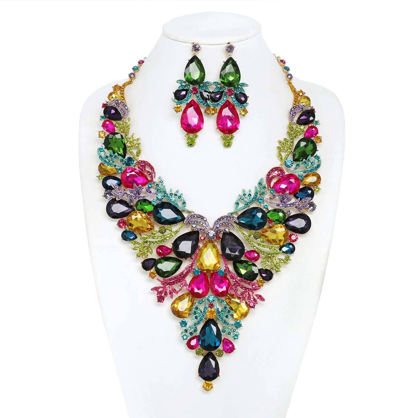 Crystal Gemstone Cluster V-Shaped Necklace Set