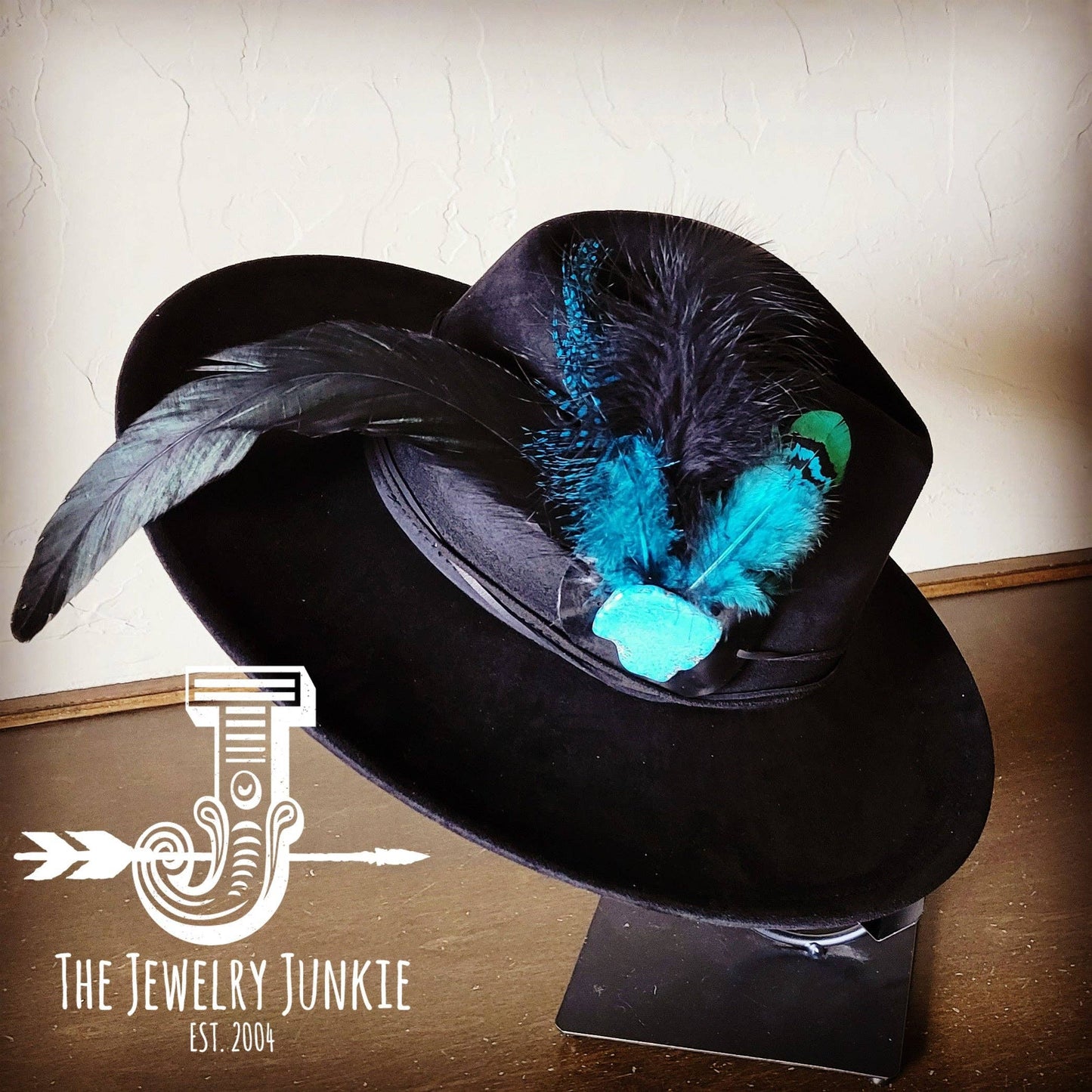 Marabou Blue Spotted Feather & Turq Slab Hat Band + Hat