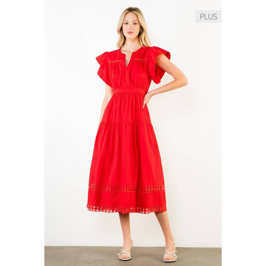 /Size XL/ Ruffled Sleeves V-Neck Tiered Midi Dress