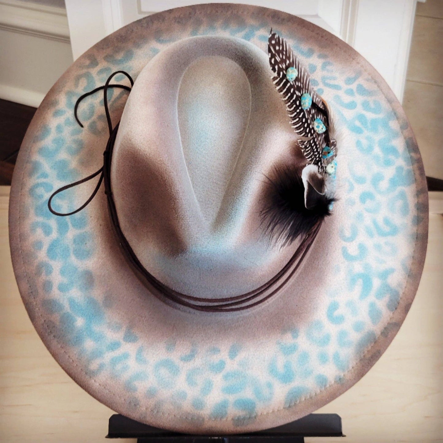Hand-Painted Leopard Boho Western Cowgirl Hat & Band-Brown/Turq 986t