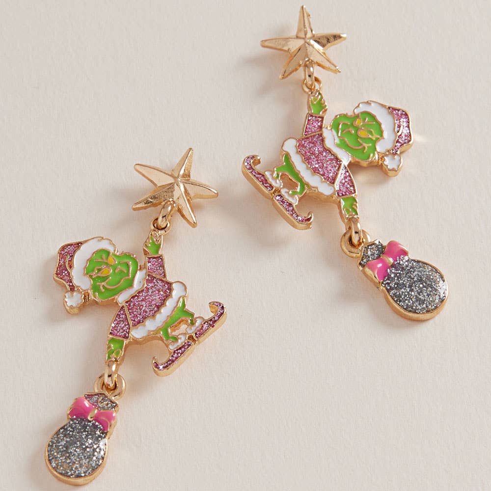 Festive Holiday Grinch Green Monster Drop Earrings