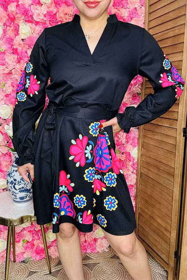Black women dress w/ flower prints & belt BQ16173