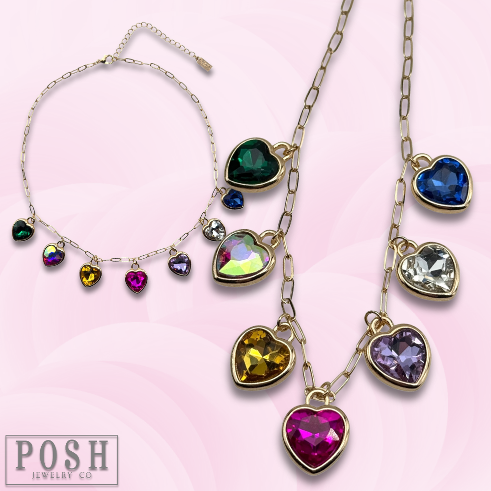 Multi-color rhinestone heart charm necklace