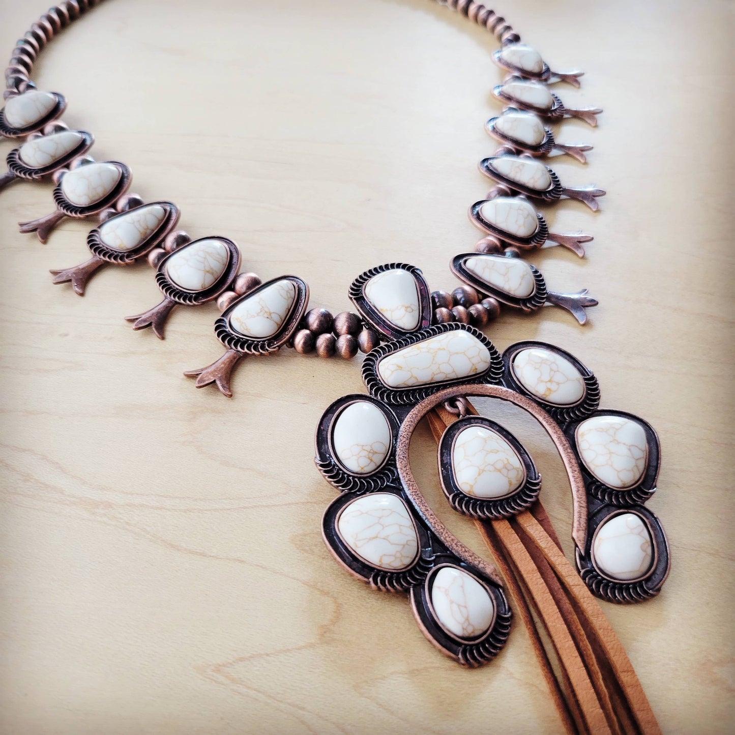 **White Turquoise Squash Blossom Necklace w/ Tassel 262aa