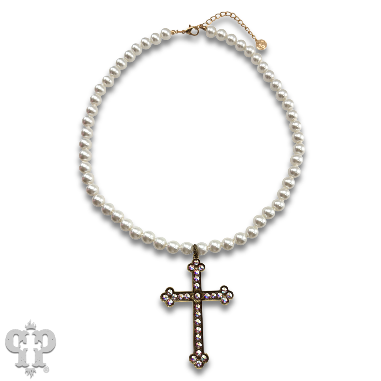 Large gold cross on pearl necklace with Austrian crystals