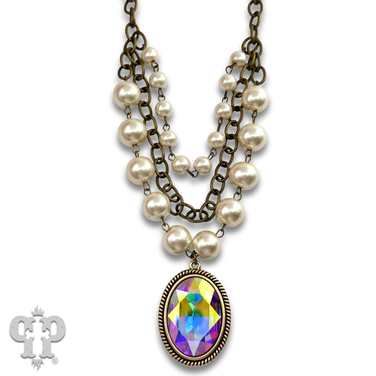 Oval rhinestone pendant with layered look pearl bead necklace