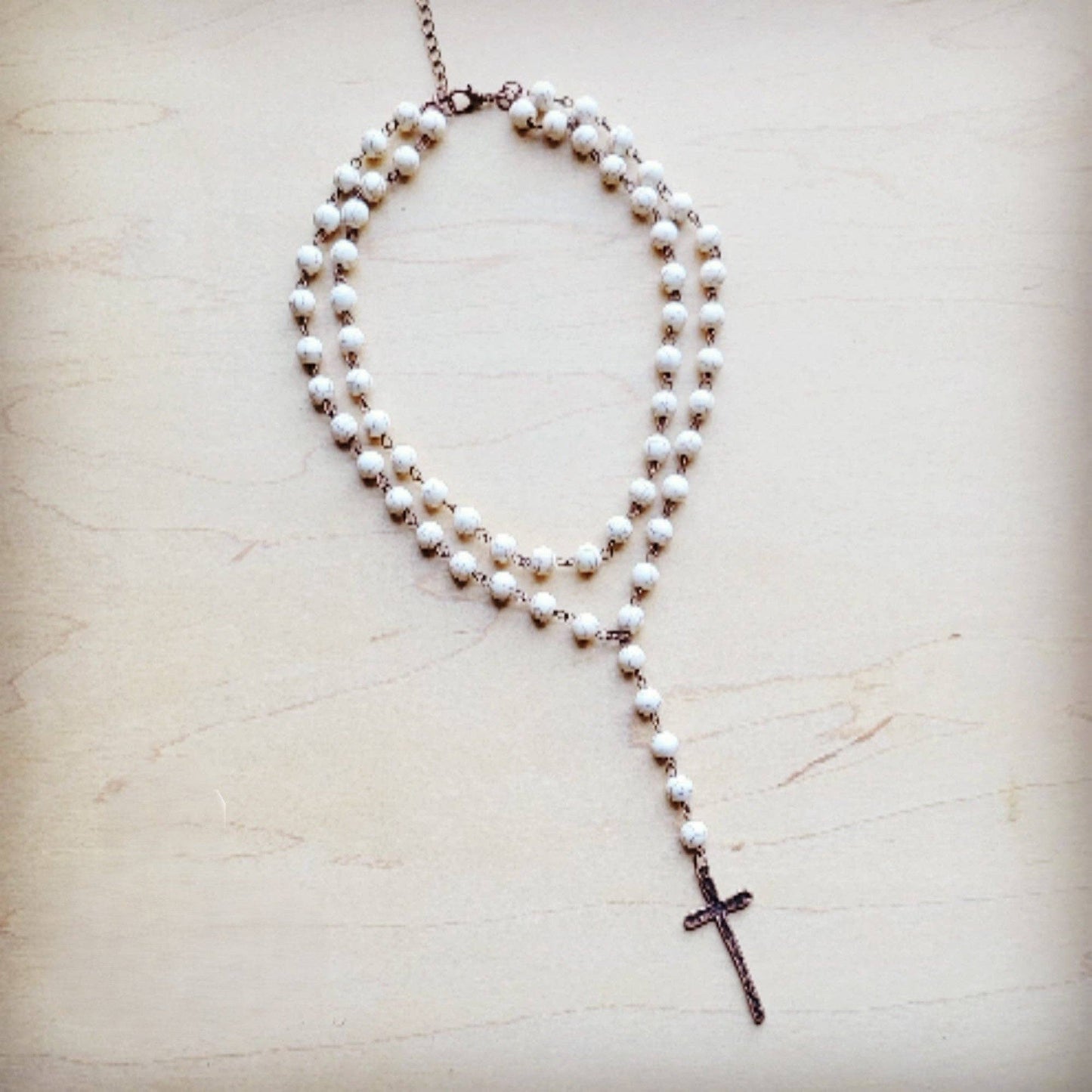 Double Strand Lariat White Turquoise Necklace w/ Cross Pendant 259r